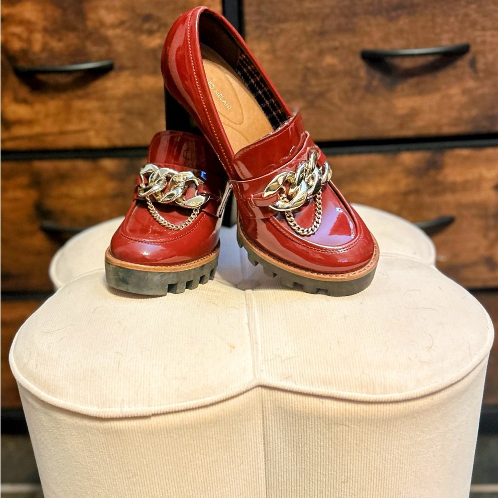 Women's Red Patent Leather Loafers with Chain Detail